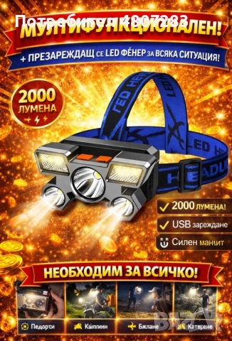 Мощен LED челник 2000LM – презареждаем, 5 режима, с широк лъч (230°)