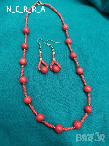 Колие и обици от червен тюркоаз, снимка 4 - Бижутерийни комплекти - 54342792