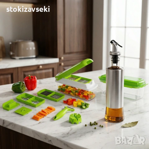 Ренде за зеле, моркови с контейнер - Nicer Dicer Plus от 13 части + Подарък уред за рязане на диня, снимка 5 - Аксесоари за кухня - 54131633