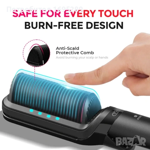 Четка преса за коса TYMO Flat Iron Hair Straightener Brush 2 in 1 200M Ions Ceramic Black, снимка 5 - Преси за коса - 54729180