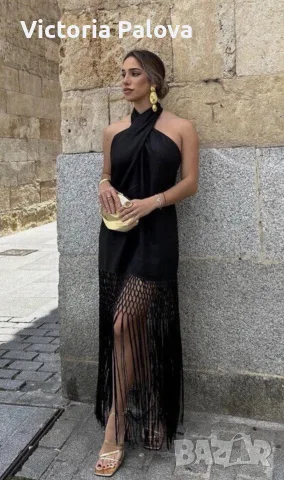 Хитова черна ленена рокля Zara с макраме и ресни, размер XS (Blogger's favorite / Много тьрсен модел