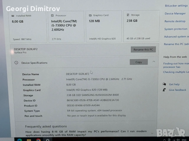 Microsoft Surface Pro 5 i5-7300U/8RAM/256SSD/Intel HD Graphics 620/Touch QHD, снимка 3 - Лаптопи за работа - 54984435