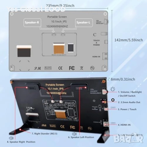 GeeekPi 10.1" IPS Touch монитор за Raspberry Pi, снимка 3 - Друга електроника - 54740428