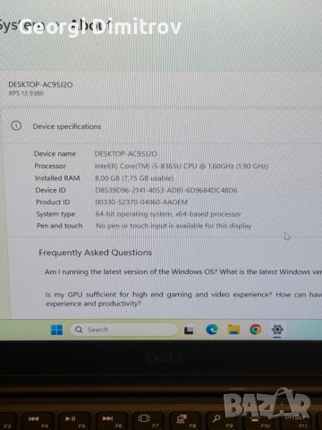 Dell XPS 9380 Intel I5-8365U/8RAM/256 SSD/Intel UHD Graphics/Full HD, снимка 4 - Лаптопи за работа - 54984221