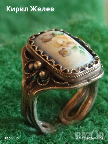 Винтидж сребърен пръстен филигран гранулация ръчно рисуван емайл 17131, снимка 5 - Пръстени - 54027853