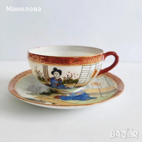 Порцеланова чаша с чинийка Kutani Shoza. 