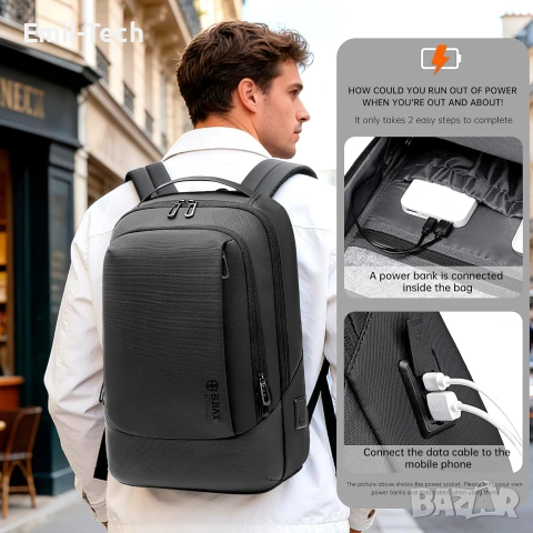 Бизнес раница за лаптоп BJIAX 15.6" с USB порт – черна, снимка 3 - Раници - 55123267