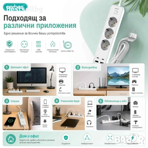 Разклонител Aerbes с 3 контакта 2 USB-A 2 USB-C порта ключ и 2 м кабел PD 12W, снимка 5 - Други стоки за дома - 55154569