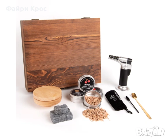 Комплект за опушване на уиски, дървена опушваща система, мини горелка, 4 аромата дървесни стърготини, снимка 2 - Подаръци за мъже - 54038116