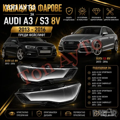 Стъкла Капаци Фар Ауди А3 Audi A3 S3 8V 2013 - 2016 Комплект Стъкла Фарове Капаци