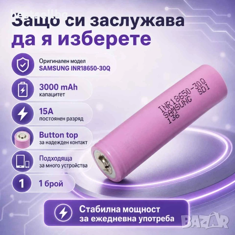 Мощна издръжлива батерия Samsung 18650 3000mAh 3.7V Li-Ion за челници, снимка 6 - Къмпинг осветление - 31561491