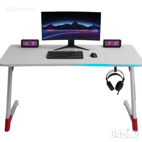 Геймърско бюро с RGB LED осветление, Бяло, 120 см – Карбоново покритие, Поставка за чаша и слушалки