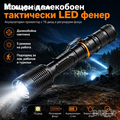 Мощен далекобоен тактически акумулаторен LED фенер голям полицейски лед прожектор за лов риболов
