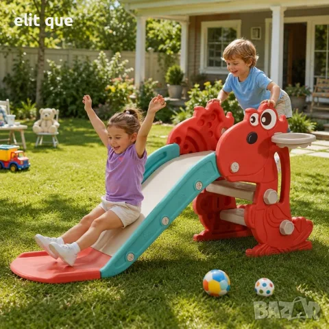Детска свободностояща пързалка динозавър 120 см с баскетболен кош – за дома и градината, PE пластмас, снимка 3 - Други - 55463903