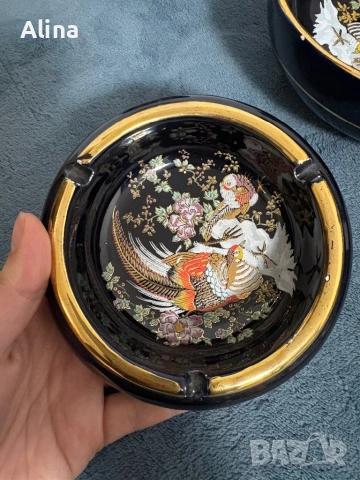 Елегантен винтидж комплект трио в японски стил – ваза, купа и пепелник, снимка 7 - Антикварни и старинни предмети - 54084697