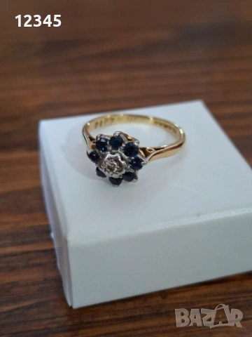 Старинен златен пръстен диамант и сапфири , снимка 4 - Пръстени - 54075788