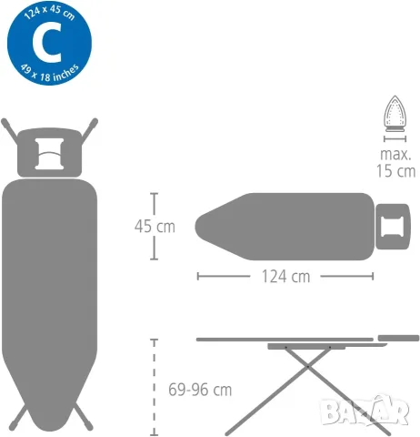 XL Премиум Дъска за Гладене Brabantia Размер C (124x45 см, Поставка за ютия), снимка 7 - Ютии - 55299835