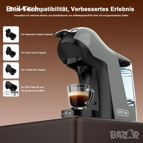 Кафемашина 19 Bar KOTLIE EM-308B 5-в-1, подходяща за капсули и мляно кафе., снимка 3 - Кафемашини - 55013666