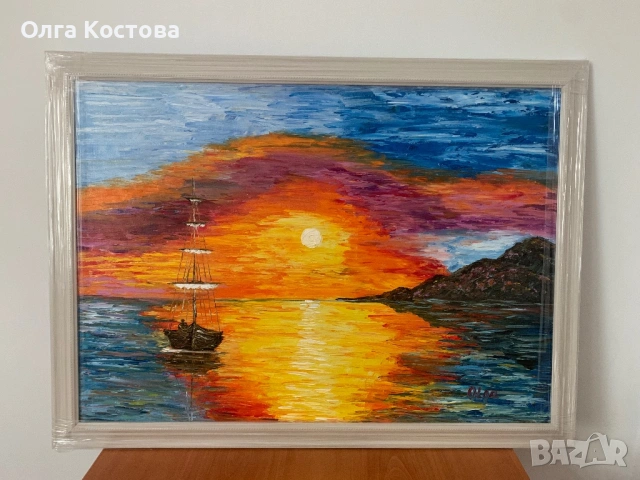Картина пейзаж “Морски изгрев”. Картина за подарък. Картина с маслени бои. , снимка 2 - Картини - 54400132