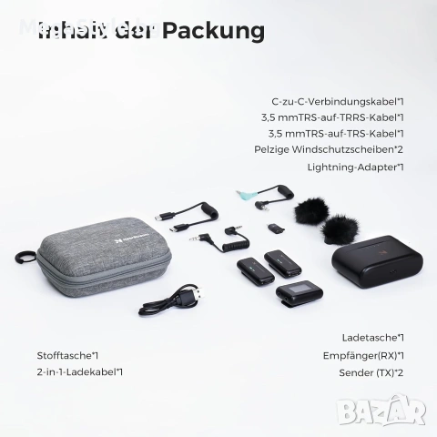 NearStream AW-AWM20T Безжична микрофонна система Lavalier 2TX 1RX 2.4GHz USB C микрофон за камера, снимка 12 - Друга електроника - 55176790