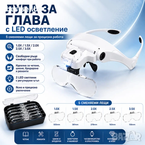 Лупа за глава очила LED осветление за четене шиене бродиране