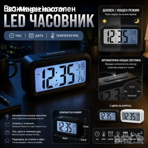 Настолен LED дигитален часовник с термометър аларма постоянно светещ в тъмното на батериии, снимка 8 - Други - 51040067