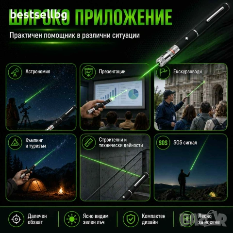 Мощен зелен лазер тип показалка пойнтер 300mW за котки кучета точка, снимка 3 - Други инструменти - 29051354