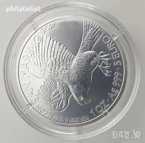 Сан Марино 2026 – 5 евро – Сокол - 1 OZ Сребърна монета BU, снимка 4 - Нумизматика и бонистика - 54466821