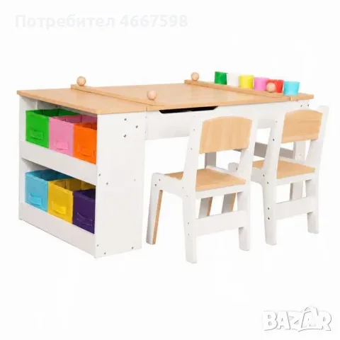 Детска дървена маса 3 в 1 с 2 столчета и дъска за рисуване