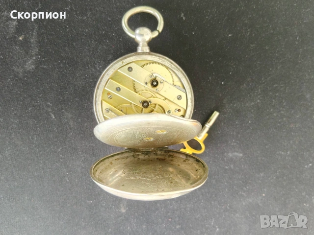 Швейцарски СРЕБЪРЕН джобен часовник 1900г. с ключе - 10 РУБИНА ПРОМОЦИЯ, снимка 4 - Джобни - 50419600