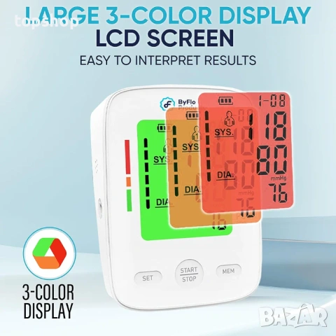 Нов автоматичен апарат за кръвно налягане ByFloProducts с цветен дисплей и маншет 22-42см  , снимка 3 - Други - 54096310