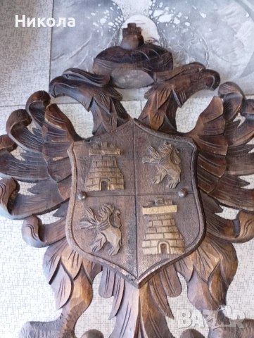Дърворезбован хералдически двуглав орел 53/28см, снимка 2 - Пана - 42627976