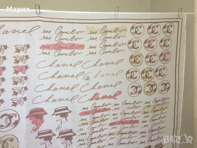 Chanel Копринен Дамски Шал Голям Прозрачен Ефирен Шанел Бял Лого Цветя , снимка 6 - Шалове - 54981589