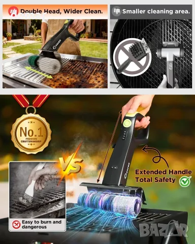 SAKER Electric Grill Brush HK05E-B – безжична почистваща четка за скара с LED фенер и 3 глави, снимка 8 - Барбекюта - 55321177