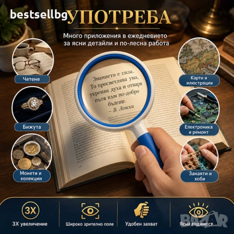 Ръчна увеличителна стъклена лупа с голям диаметър 100мм увеличение 3X, снимка 2 - Други инструменти - 46833502