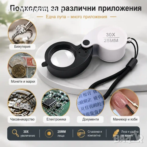 Мощна малка сгъваема лупа с LED осветление 30X за бижутери часовникари джобна мини злато камъни, снимка 3 - Други инструменти - 50920076