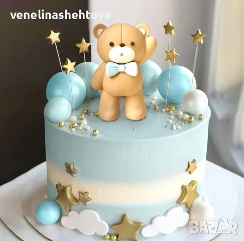 16 броя фигурка мече синя панделка бели сини топчета на тел декорация на торта 