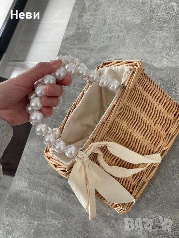 Сламена чанта с панделка и дръжки с перли, снимка 7 - Чанти - 54172476