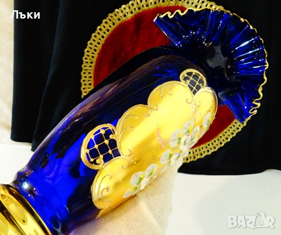 Кристална ваза Bohemia,злато,кобалт,етикет. , снимка 6 - Вази - 55192445