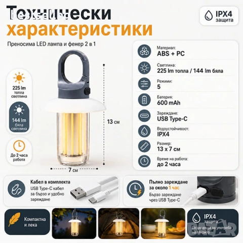 Мощна къмпинг лампа осветление за палатка риболов туризъм аварии автомобил LED фенер USB зареждане, снимка 6 - Къмпинг осветление - 50861698