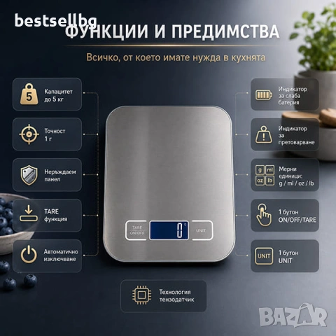 Кухненска електронна везна 5 кг / 1 г за храна готвене сладкарство кафе и течности, снимка 2 - Електронни везни - 35887924