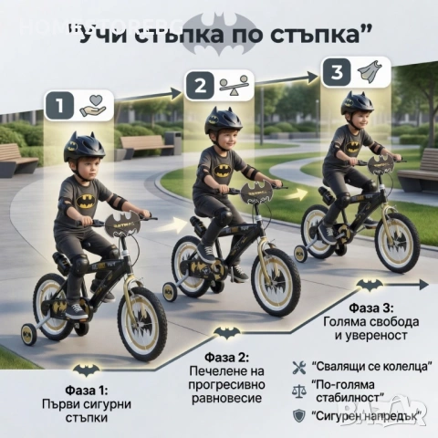 Детски велосипед Batman Dark Knight 16” с помощни колела, стоманена рамка и спирачки – за деца 5+, снимка 2 - Велосипеди - 54708582