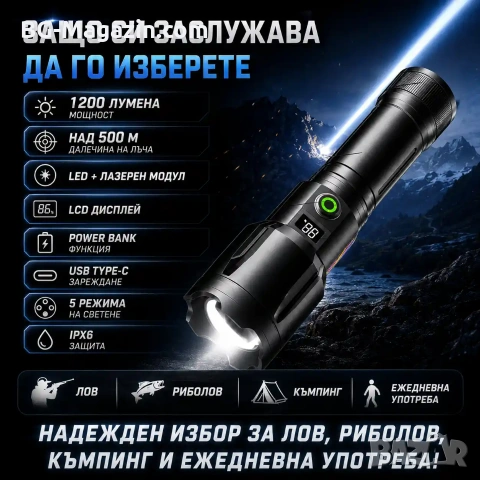 Мощен акумулаторен далекобоен лазерен прожектор LED фенер USB тактически водоустойчив лов риболов, снимка 7 - Къмпинг осветление - 51017230