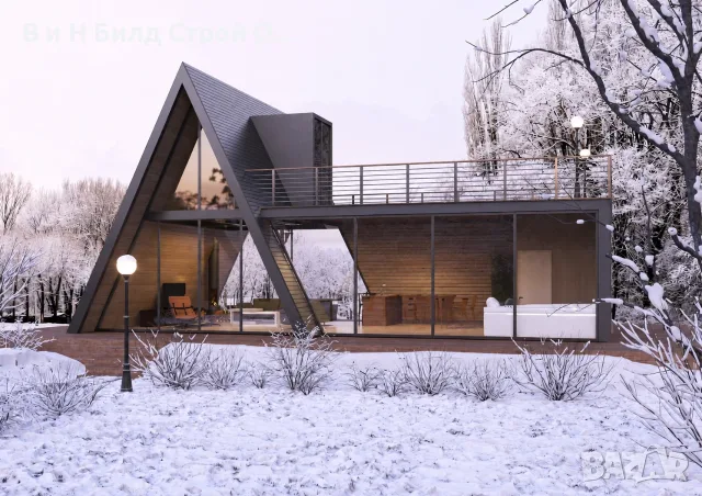 Модерна A-Frame сглобяема къща 96 м² - Модерен архитектурен проект, снимка 2 - Монтажи - 55338259