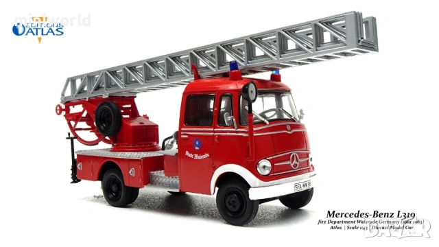 Mercedes-Benz L319 Пожарна стълба 1961 - мащаб 1:43 на Atlas моделът е нов в блистер, снимка 7 - Колекции - 54441009