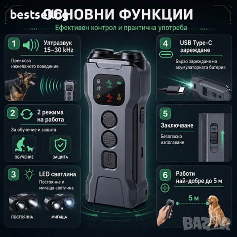 Мощен ултразвуков кучегон самозащита агресивни кучета защита лаене дресировка USB зареждане фенер, снимка 2 - За кучета - 54366871
