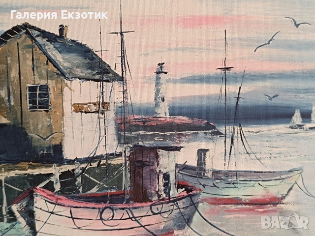 Маслена картина "Лодка на кея" с авторско стихче, снимка 2 - Картини - 54152527