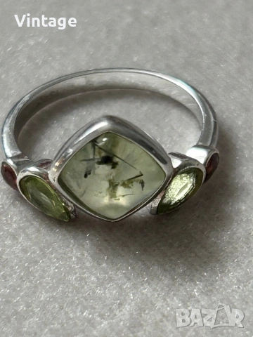 Марков сребърен пръстен с естествени камъни зелен рутилов кварц, перидот и гранат , снимка 6 - Пръстени - 53996195