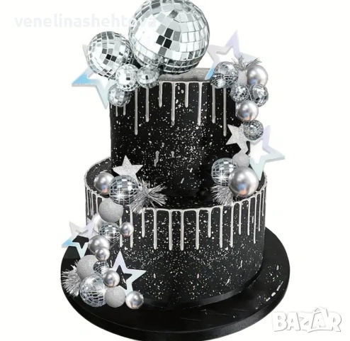 55 броя комплект сребристи диско топки брокат звезди декорация на торта , снимка 2 - Други - 54006893