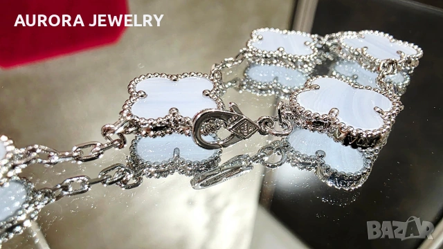 Van Cleef & Arpels VCA 5 Motifs Silver Chalcedony Vintage Alhambra Дамска Гривна, снимка 6 - Гривни - 54105048